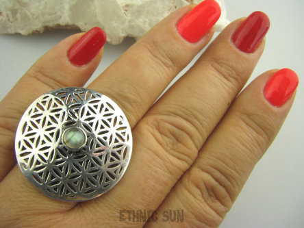 bpe3520 Duży obracający się Pierścień KWIAT ŻYCIA - SILNY AMULET OCHRONNY !!!! Ażurowy  Pierścień Labradoryt Spektrolit  r.19 SREBRO 925 #