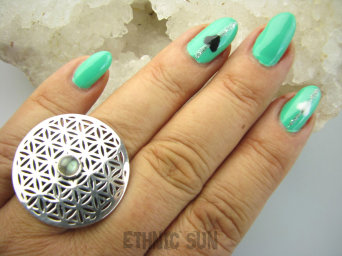 bpe3520 Duży obracający się Pierścień KWIAT ŻYCIA - SILNY AMULET OCHRONNY !!!! Ażurowy  Pierścień Labradoryt Spektrolit  r.19 SREBRO 925 #