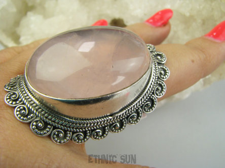 bpe9730 Wooow Olbrzym Biżuteria Orientalna -  GIGANT 40 g !!! Pierścień Pierścionek naturalny Kwarc Różowy - kamień mocnego serca r.23/ r.24 Szeroka Obrączka Srebro 925 #