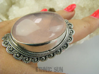 bpe9730 Wooow Olbrzym Biżuteria Orientalna -  GIGANT 40 g !!! Pierścień Pierścionek naturalny Kwarc Różowy - kamień mocnego serca r.23/ r.24 Szeroka Obrączka Srebro 925 #