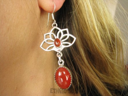 bke1175 Długie 6cm lekkie cudowne ażurowe kolczyki Kwiat Lotosu - talizman wiecznej młodości !!! Tak piękne Czerwony Onyks SREBRO 925