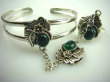 bb1247 Przepiękny Komplet 40/ 41 g! Otwarta Bransoleta  BANGLA oraz Pierścień Regulowany r.17, r.18, r.19, r.20, r.21,r.22 Onyks Zielony  Indian Nawaho Orle Pióro Srebro 925 # - 10