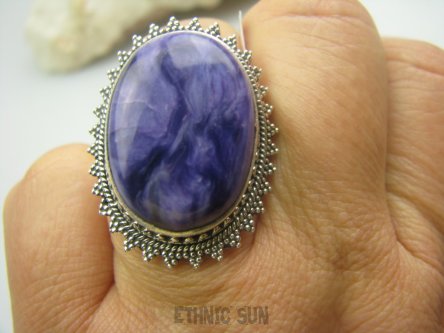 bpe3676 UNIKALNY DROGOCENNY RZADKI CZAROIT ! Orientalny Owalny Pierścień z czaroitem r.17 Srebro 925 #