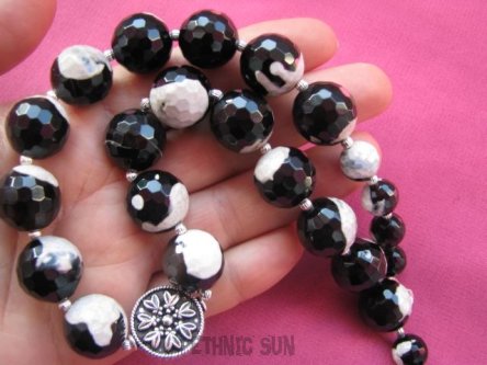 an1504 Elegancja KOMPLET Niebanalna LUX CZERŃ i BIEL  Naszyjnik Kolczyki AGAT PANDA Srebro