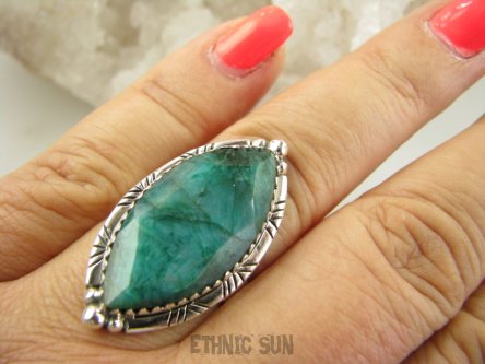 bpee4228 Szmaragdowy Pierścień Pierścionek zielony Szmaragd Indyjski w orientalnej oprawie Szmaragdy r.18 Srebro 925 #