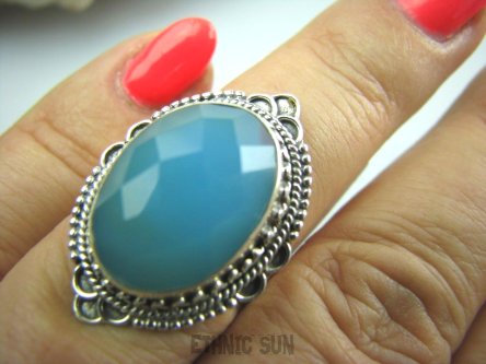bpee2845 CACUSZKO Egzotyczny Przepiękny Delikatny Pierścień szlifowany niebieski Chalcedon (tarczyca) CZAKRA GARDŁA r.14 Srebro 925 #