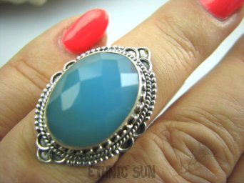 bpee2845 CACUSZKO Egzotyczny Przepiękny Delikatny Pierścień szlifowany niebieski Chalcedon (tarczyca) CZAKRA GARDŁA r.14 Srebro 925 #