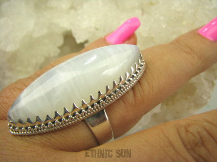 bpe7927 DUŻY 4,3cm  Pierścień Biało Chabrowy Kamień Księżycowy r.20 Srebro 925 #