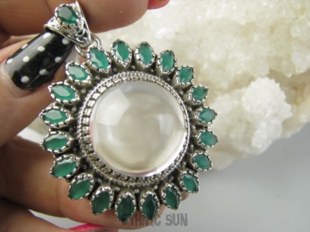 bwee2333 DUŻY 24 g !!! LUKSUSOWY Wisior Słońce !!! Kunsztowny Wisior Kryształ Górski - odpromiennik, Zielony ONYKS - regeneruje SERCE, EGZEMY, PAMIĘĆ Srebro 925 #