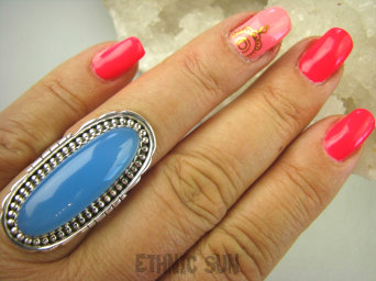 bpe7779 Błękitna Piękność Długi 3,7 cm Pierścień niebieski CHALCEDON czakra gardła (TARCZYCA) r.17 Srebro 925 #