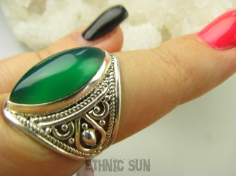 bpe8805 Ażurowy Delikatny Pierścień Zielony ONYKS - regeneruje SERCE, EGZEMY, PAMIĘĆ r.13 Srebro 925