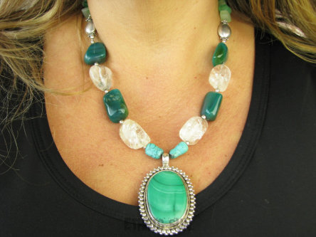 bn1638 Orientalna Bogini !!!! Piękny Unikat Egzotyczny Naszyjnik Agat, Awenturyn, Kryształ Lodowy, Turkus, Malachit Srebro 925