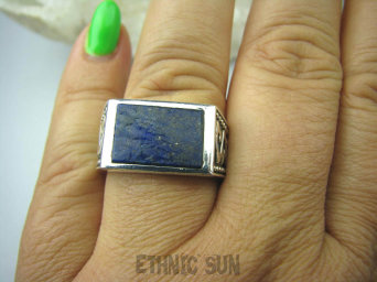 bpe6034 Elegancki Sygnet dla Pani lub Pana Pierścień Granatowy Lapis Lazuli - strażnik prawdy i mądrości r.23 Srebro 925 #