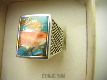 bpe8839 Wielobarwna Ostryga - Wspaniały Sygnet Damski lub Męski Pierścień OSTRYGOWY TURKUS MIEDZIANY Turkus OSTRYGA Muszla złota MIEDZ  r.19 Srebro 925 #