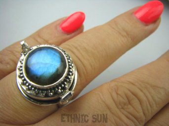 bpe5359  MAX BLASK Biżuteria Orientalna Piękny Sekretnik Otwierany Pierścień na zdjęcia Labradoryt Spektrolit - kamień Zorzy Polarnej r.16 Srebro 925 #