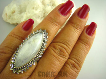 bpe3340 Biżuteria Orientalna !!! Długi 4,2 cm Egzotyczna Pierścień Kamień Księżycowy r.15/ r.16 Srebro 925 #