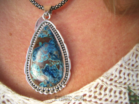 bwe3403 Piękna Egzotyczny Wisior naturalny Wielobarwny AZURYT zdobione Srebro 925 #