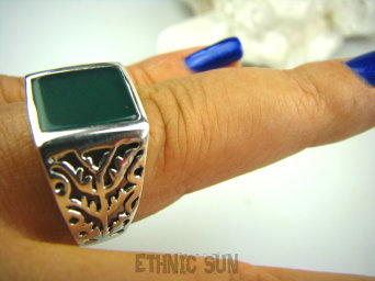 bpe1892 MĘSKI SYGNET Pierścień Pierścionek z Onyksem zielony Onyks r.24 ażurowa obrączka Srebro 925 #