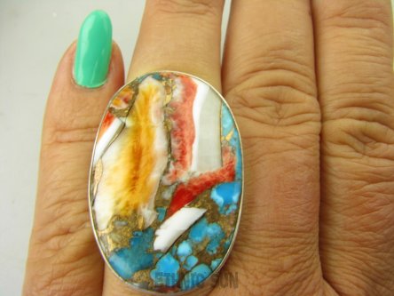 bpe8919 Wielobarwny Duży 17g Pierścień Pierścionek OSTRYGOWY TURKUS MIEDZIANY TOSTRYGA Muszla złota MIEDZ r.15/ r.16 Srebro 925 #