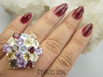 bpee4543 BOSKO PIĘKNY WIELOBARWNY Pierścień Pierścionek naturalny Cytryn, Ametyst, Blue Topaz, Granat, Kwarc Dymny r.16/ r.17 SREBRO 925 #