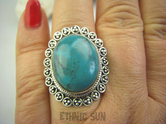 bpe4514  Turkusowa Koronka   !!! Śliczny Pierścień z Naturalnym Turkusem turkusowy TURKUS - opiekun ciała i duszy r.17 Srebro 925 #