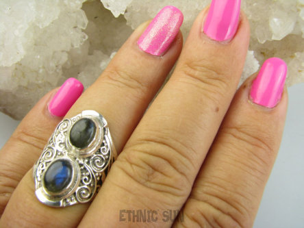 bpe9058 Biżuteria Orientalna - Egzotyczny Pierścień Pierścionek Labradoryt Spektrolit kamień Zorzy Polarnej r.16 Srebro 925 #