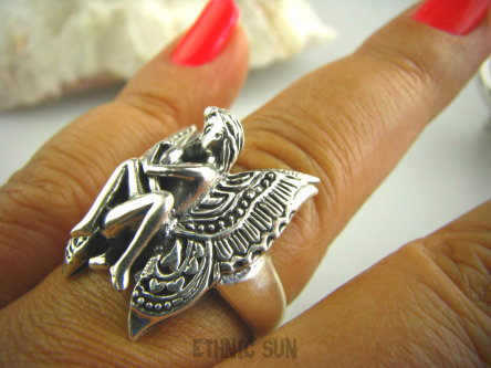 bpe3152 Duży Rozmiar r.25  Amulet miłości i zaufania Przepiękny srebrny Pierścień cały ze srebra PARA ELFÓW w miłosnym uścisku ELF Wróżka  Srebro 925 