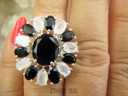 bpee4584 MAX BLASK Dwubarwny Regulowany Pierścień Pierścionek szlif Kamień Księżycowy, Czarny Onyks r.13, r.14, r.15  Srebro 925 #