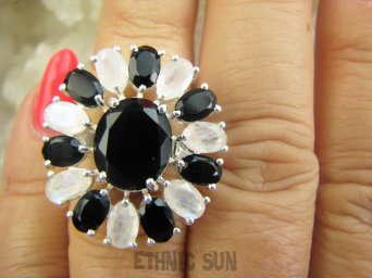 bpee4584 MAX BLASK Dwubarwny Regulowany Pierścień Pierścionek szlif Kamień Księżycowy, Czarny Onyks r.13, r.14, r.15  Srebro 925 #