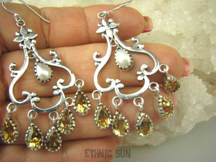 bkee1021 Tak seksowne OSZAŁAMIAJĄCO PIĘKNE kunsztowne kobiece Kusicielki !!! Ażurowe Długie 6.5 cm Kolczyki Cytryn, Perła Perły Srebro 925