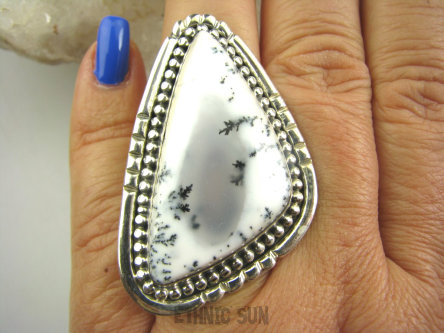 bpe7116 Duży 4.8 cm / 3 cm przepiękny 22 G ŚNIEŻNY ZIMOWY KRAJOBRAZ !!! Prawdziwe Cacko Pierścień AGAT DENDRYTOWY r.18 Srebro 925 #