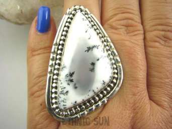 bpe7116 Duży 4.8 cm / 3 cm przepiękny 22 G ŚNIEŻNY ZIMOWY KRAJOBRAZ !!! Prawdziwe Cacko Pierścień AGAT DENDRYTOWY r.18 Srebro 925 #