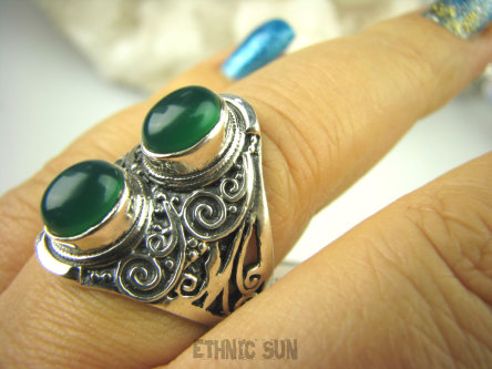 bpe6483 Egzotyczny Pierścień zielony ONYKS regeneruje SERCE, EGZEMY, PAMIĘĆ r.19/r.20 ażurowa obrączka Srebro 925 #
