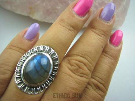 bpe4998 OKSYDOWANY MELONIK  !!!  Duży i Piękny OKAZ Pierścień Labradoryt Spektrolit - kamień Zorzy Polarnej r.17/r.18 Srebro 925 #