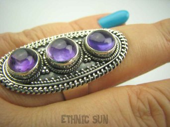 bpe4071 Egzotyczny Długi Pierścień z AMETYSTAMI  AMETYST - kamień mądrości (ochrona, spokój umysłu, rozwój duchowy) r.18 Srebro 925 #