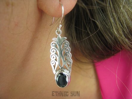 bkee885 LIŚĆ PAPROCI !!!! Długie 4.4 cm i LEKKIE Ażurowe Kolczyki czarny Onyks Srebro 925