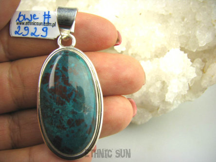 bwe2929 DUŻY KLASYCZNY WISIOR naturalna zielono brązowa CHRYZOKOLA I AZURYT Lśniące Srebro 925 #