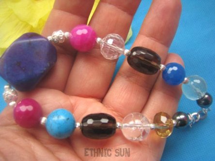 bb96 Kolorowy Zawrót głowy  Duża Bransoleta jadeit kryształ agat kwarc dymny Srebro