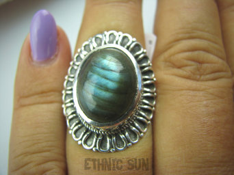 bpe4992 OKSYDOWANY MELONIK  !!!  Duży i Piękny OKAZ Pierścień Labradoryt Spektrolit - kamień Zorzy Polarnej r.15 Srebro 925 #