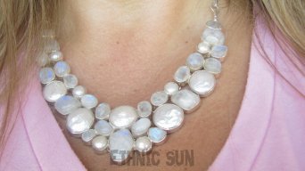 bn1578 KRÓLEWSKA KOLIA - duża MIENIĄCA SIĘ fenomenalna 70 gramów ! CUDOWNA Przepiękna Kolia Naszyjnik Kamień Księżycowy, Perła Biwa Perły Srebro 925 #