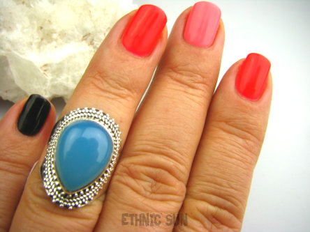 bpe2522 BŁĘKITNO NIEBIESKI Orientalny Pierścień z chalcedonem Chalcedon - wspomagający leczenie Tarczycy r.14 Srebro 925 #