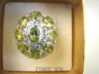 bpee4160 Lśniąca Kopuła Piękny Pierścień Pierścionek Oliwin Perydot, Oliwiny oraz Cyrkonie r.19 SREBRO RODOWANE 925 #