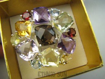 bpee4566 Królewski Klejnot ! WIELOBARWNY DUŻY 19g OKAZ ! Pierścień Pierścionek naturalny Cytryn, Ametyst, Kwarc Dymny, Granaty, Blue Topazy r.16 SREBRO 925 #