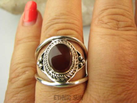 bpe9162 Ażurowy Pierścień Pierścionek podwójna obrączka kamień SARD brązowy karneol r.21 Srebro 925 #