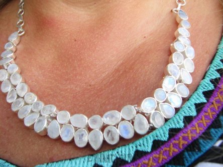 bn1565 ALE CUDO tęczowy KOMPLET aż 62 gramy srebra z kamieniami PODWÓJNA kolia + kolczyki szlifowany Kamień Księżycowy  LUX Duży regulowany Naszyjnik 50 sztuk kamieni Srebro 925 #