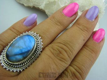 bpe4955 MAX BLASK - Czarodziejsko Piękny Aksamitny Czarodziej Orientalny Pierścień Labradoryt Spektrolit - kamień Zorzy Polarnej r.19 Srebro 925 #