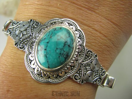 bb3214 Fenomenalna mocno zdobiona BRANSOLETA Bangla 32 G z możliwością odpinania naturalny Turkus  cudo Turkusy Srebro 925 #