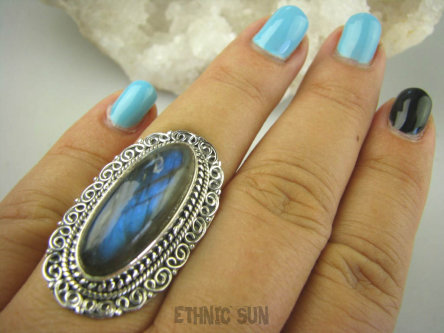 bpe6374 Biżuteria Orientalna !! Długi Pierścień LABRADORYT Spektrolit kamień Zorzy Polarnej w morskich falach r.18 SREBRO 925 #