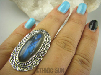 bpe6374 Biżuteria Orientalna !! Długi Pierścień LABRADORYT Spektrolit kamień Zorzy Polarnej w morskich falach r.18 SREBRO 925 #