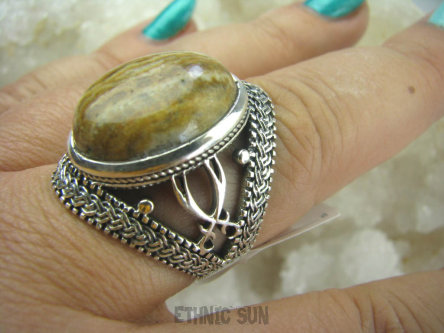 bpe5815 Cudo Okaz Pierścień kojący Brązowy Jaspis - uspokaja duszę r.22/ r.23 szeroka ażurowa obrączka Srebro 925 #